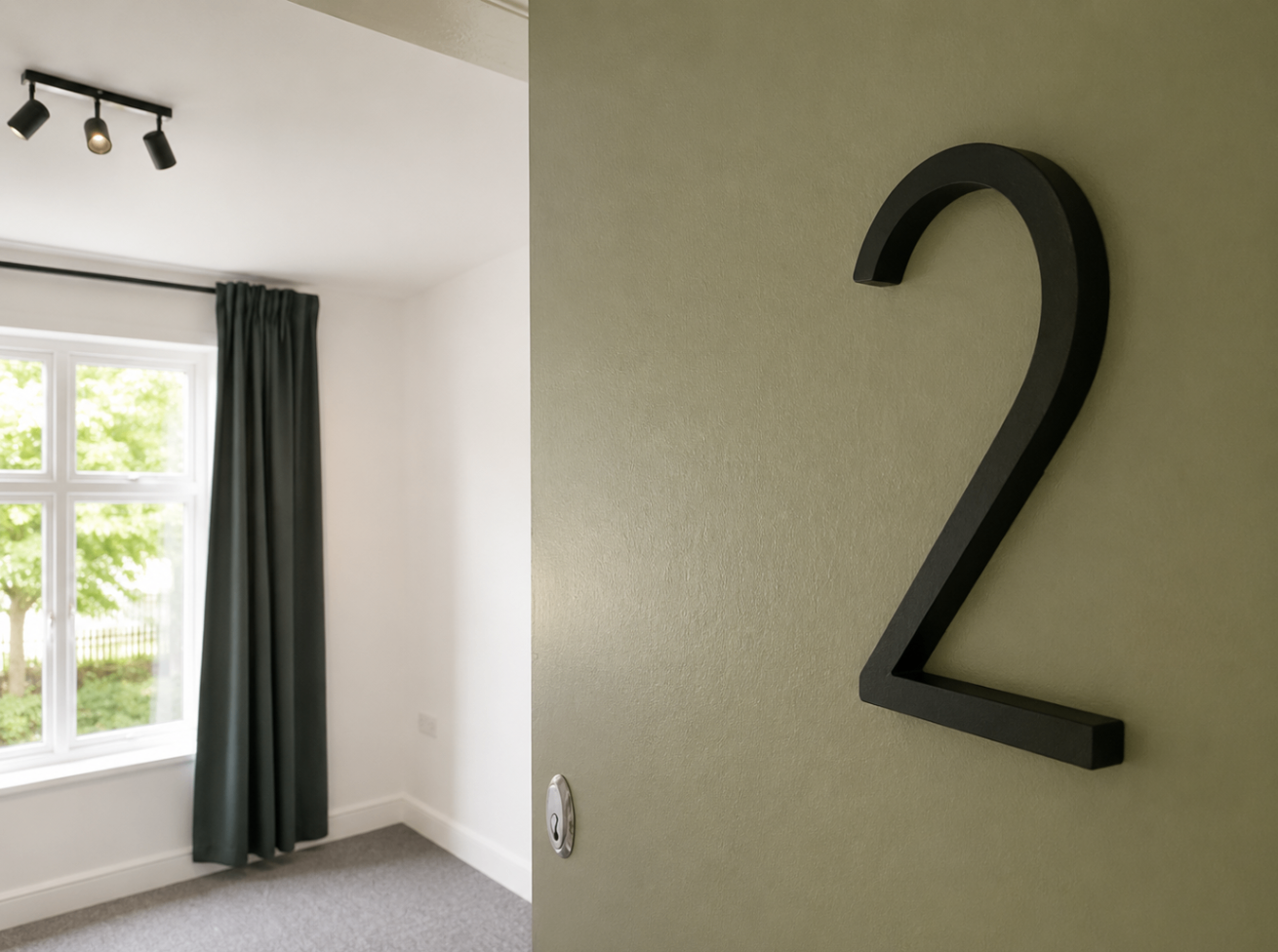 Door detail showing the numbering and bedroom beyond