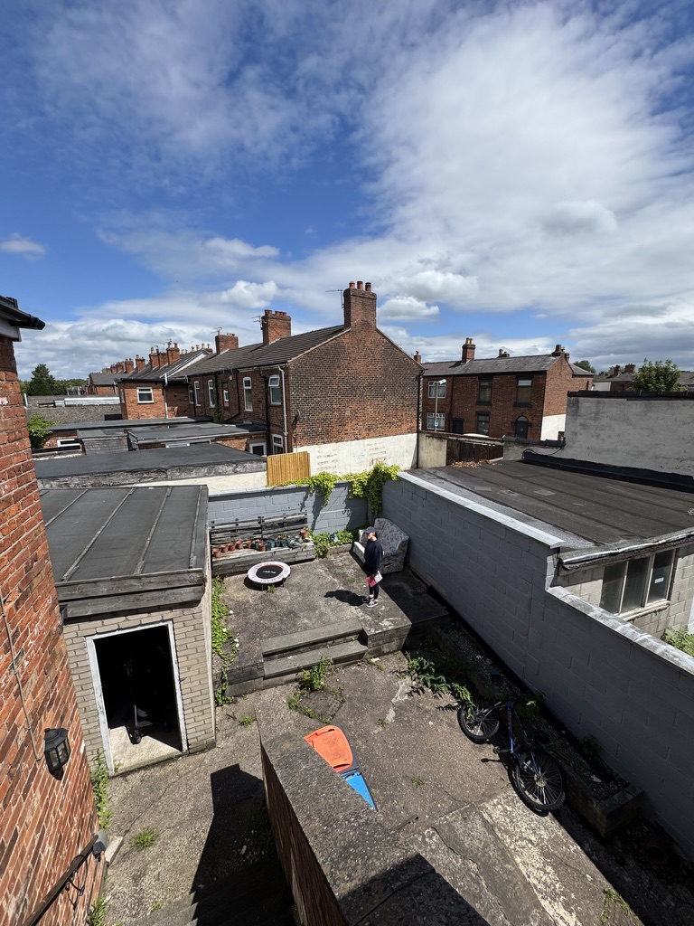 Elevated view over the rear courtyard and surrounding roofs