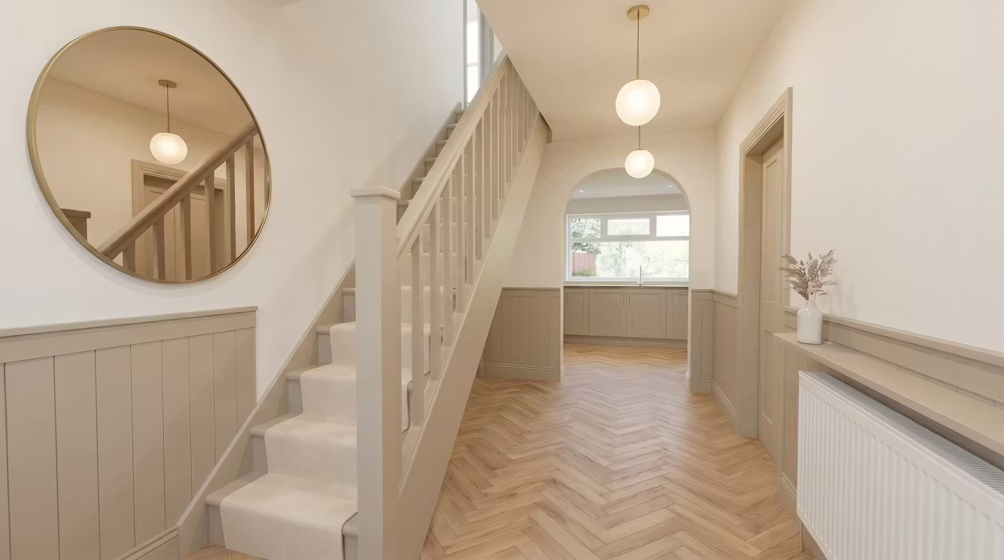 Entrance hallway with herringbone flooring and soft neutral finishes