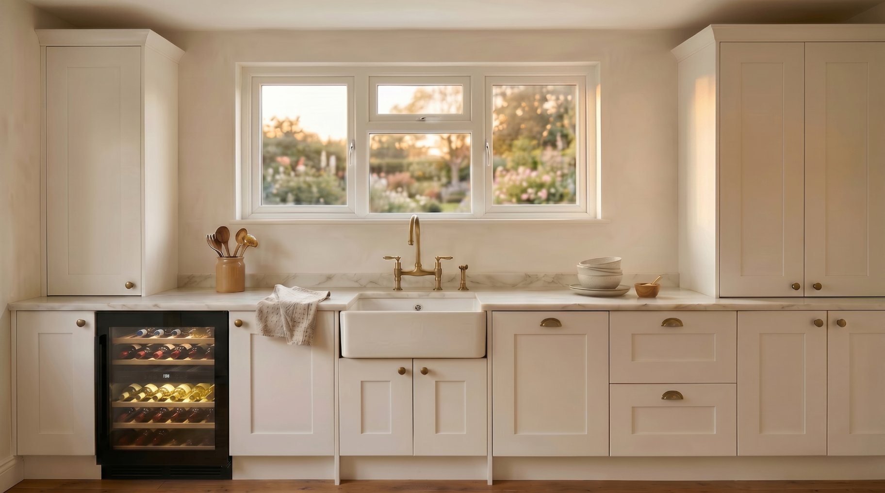 Kitchen elevation with Belfast sink, wine fridge and shaker cabinetry