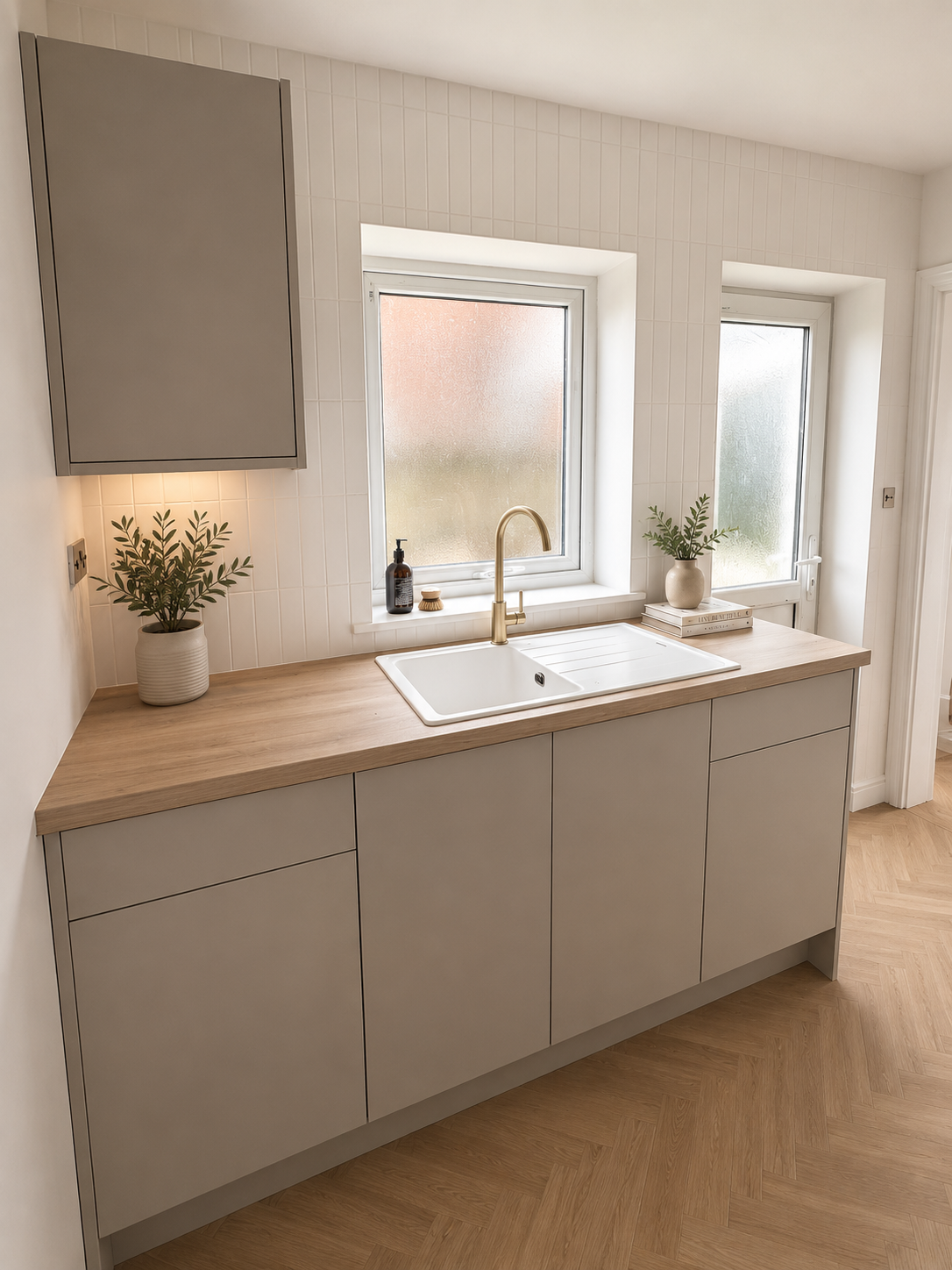Kitchen run with brass tap, white sink and frosted windows