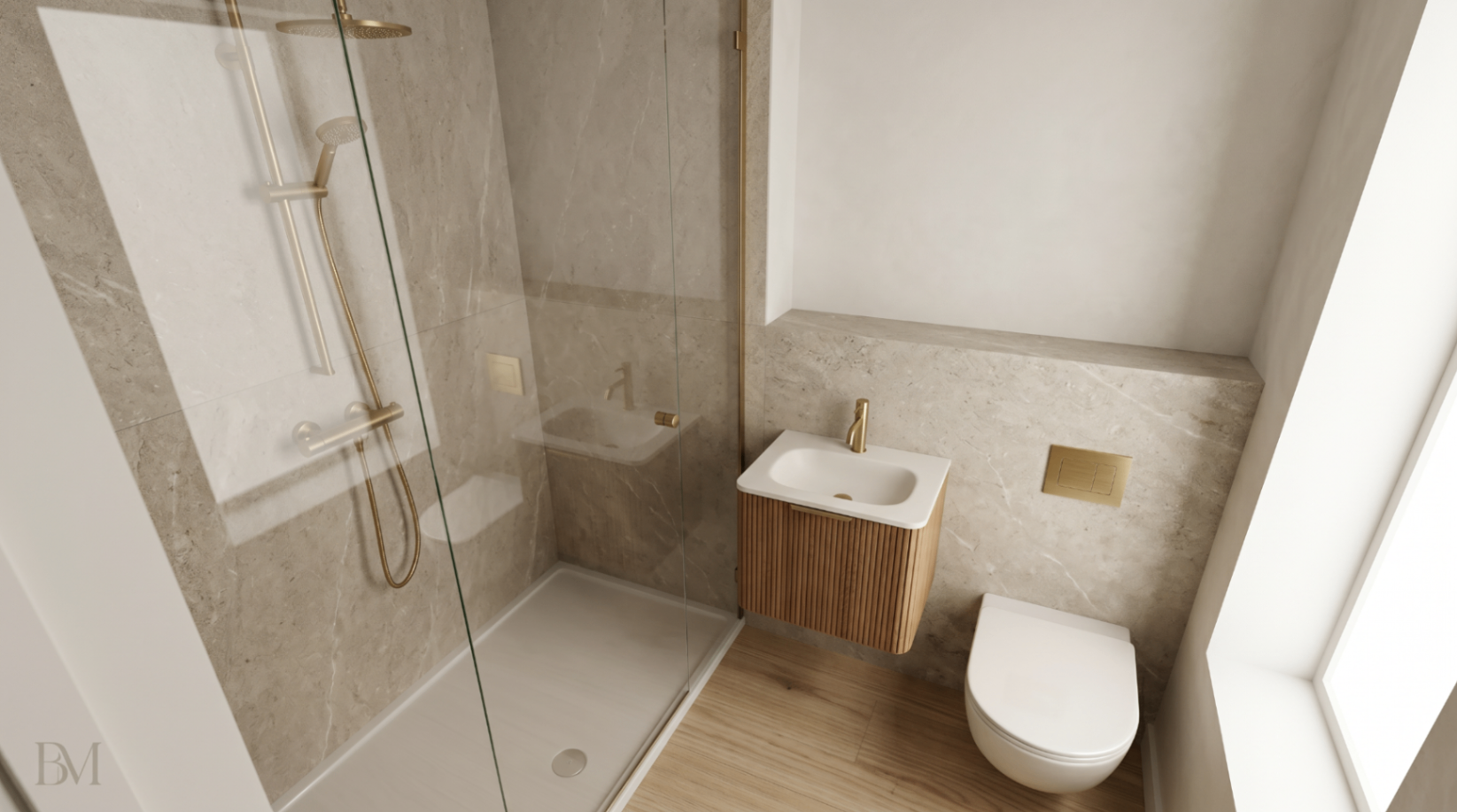 En suite with walk-in shower, stone tiling and floating vanity