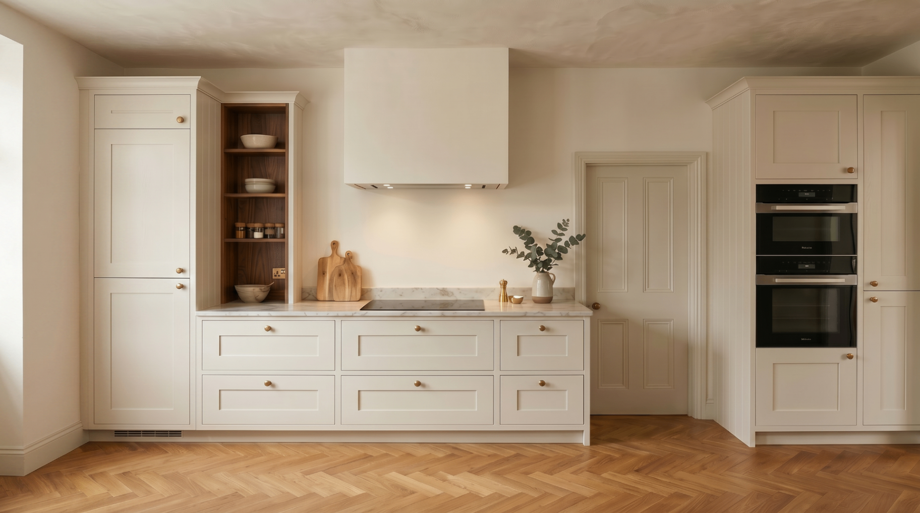 Kitchen run with feature hood, marble worktops and integrated ovens