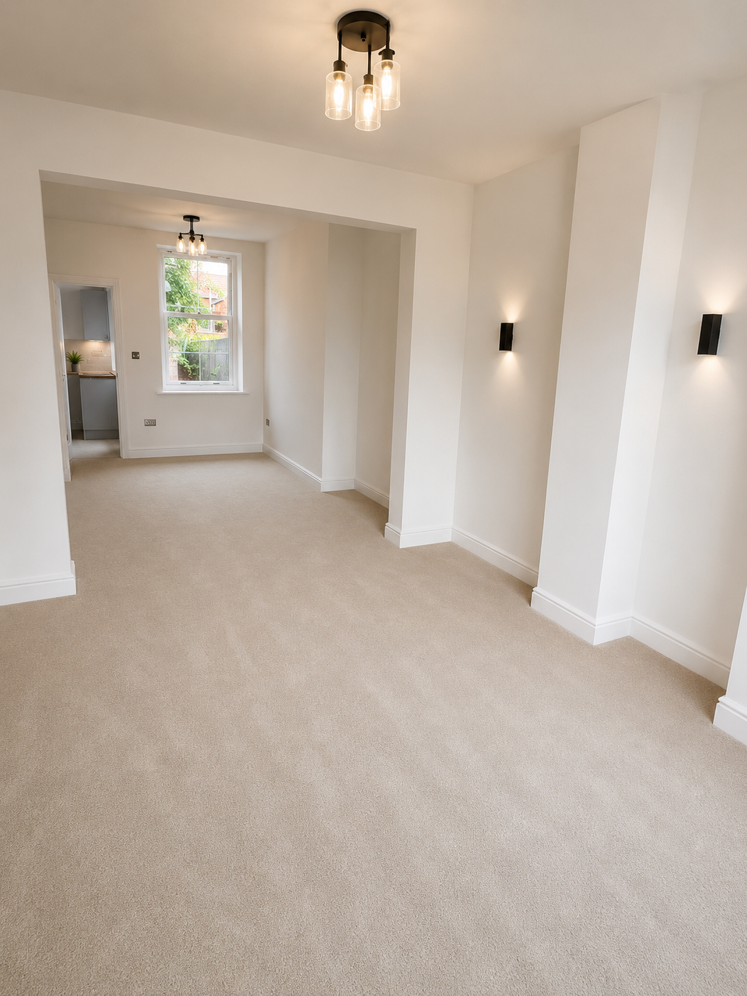 Open-plan living/dining area with neutral carpet and feature lighting