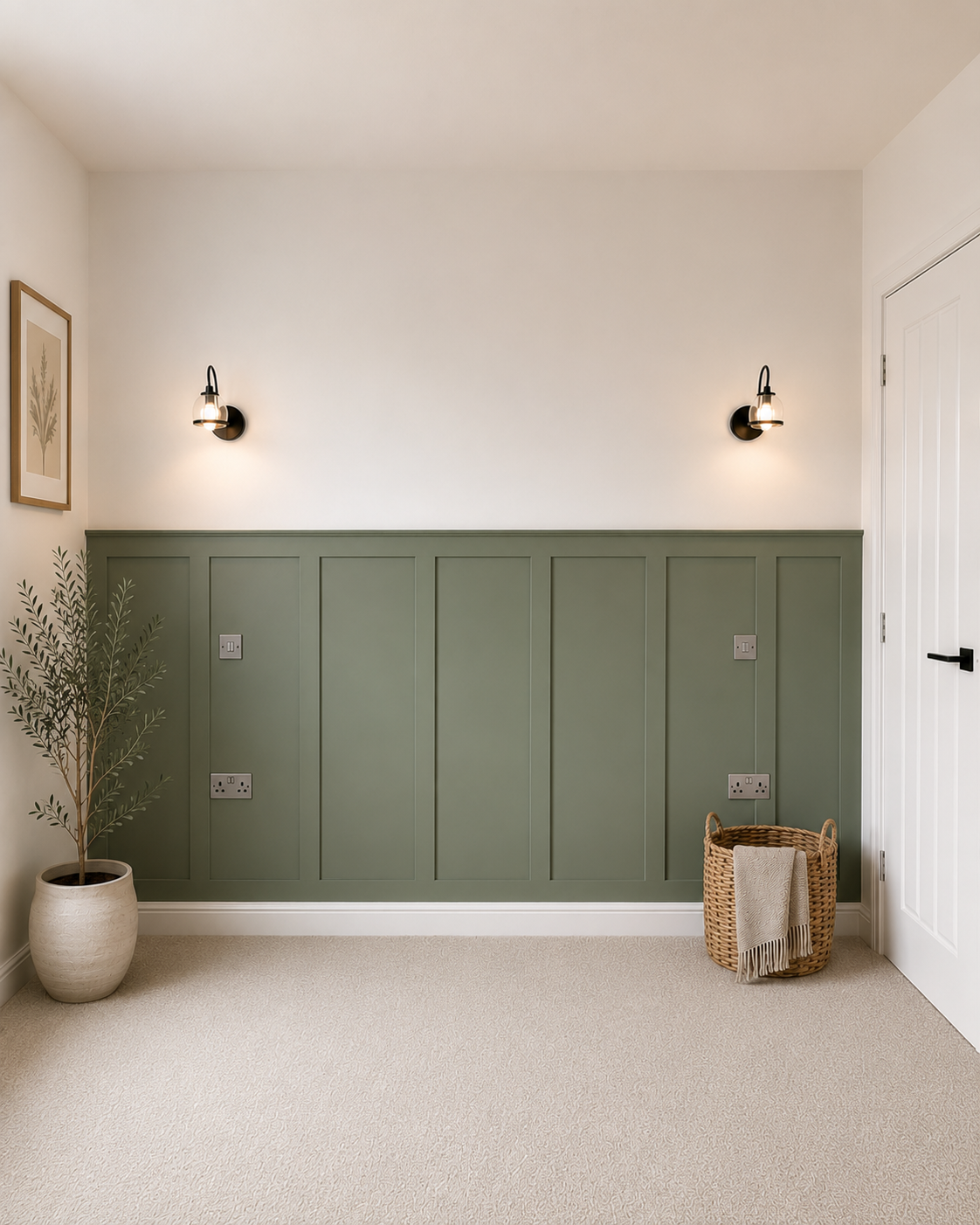 Hallway with sage green panelled wall, wall sconces and neutral carpet
