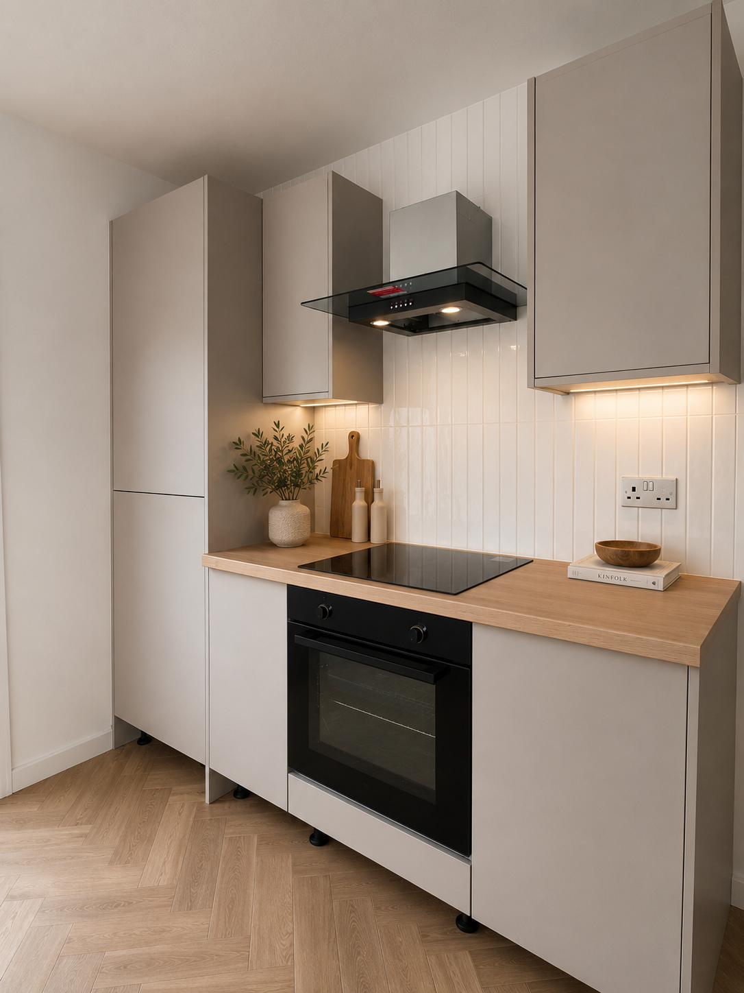 Kitchen with stone cabinetry, oak worktops and herringbone flooring