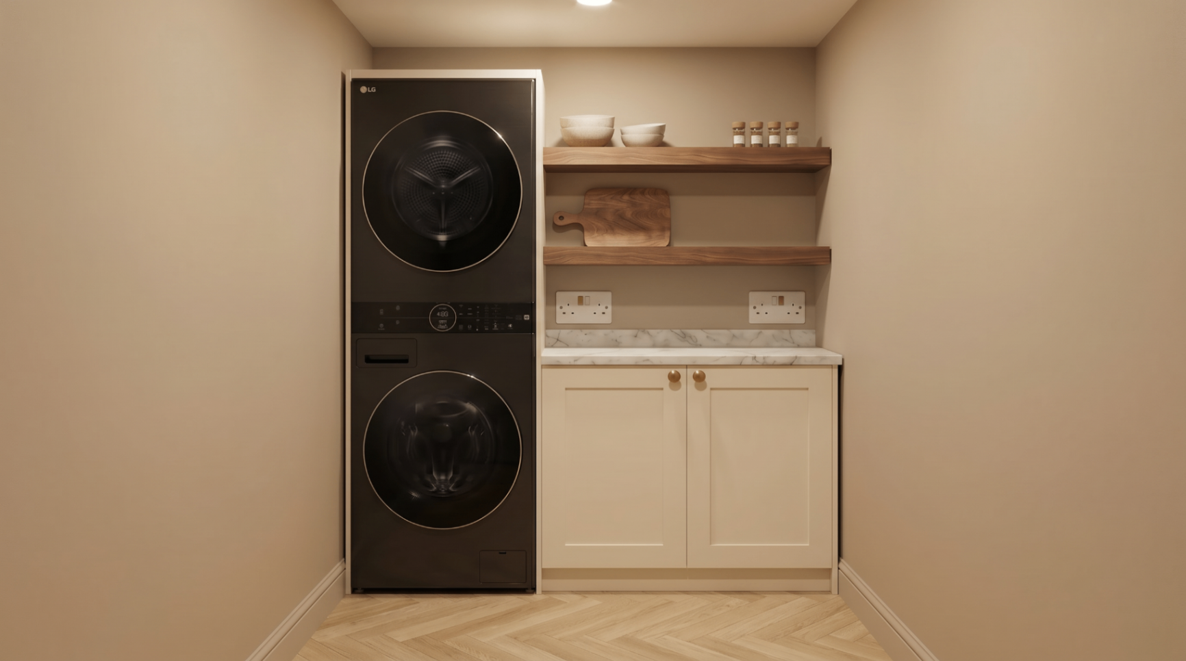 Utility room with stacked appliances and bespoke shelving